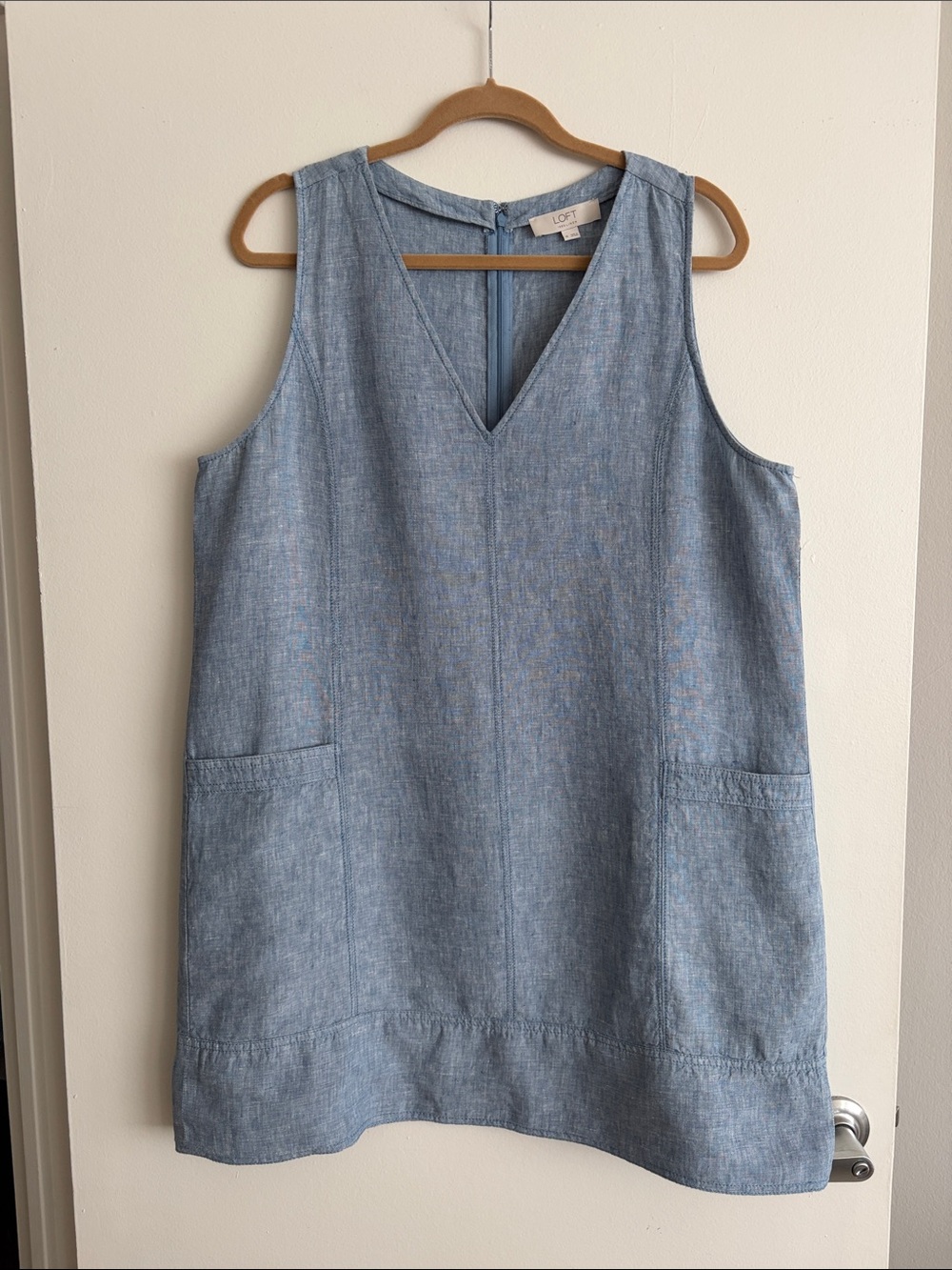 LOFT Light Blue Chambray V-Neck Mini Shift Dress